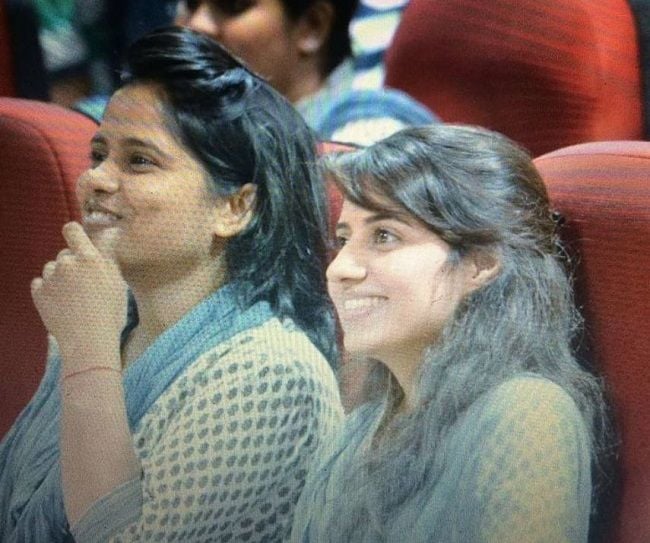 Jayanti Khatri Lamba with a friend in a college function at Poornima University