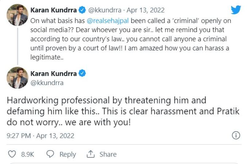 Karan Kundra tweeted in support of Pratik