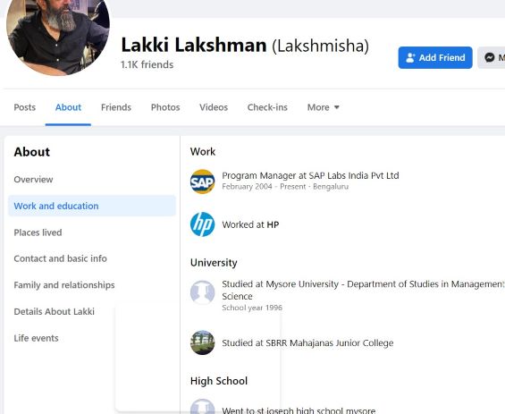 Facebook snippet of Lucky Laxman showing his education and work experience
