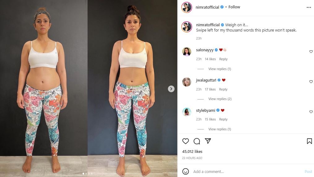 Nimrat Kaur's Instagram post about her physical transformation for the film Dasvi (2022)
