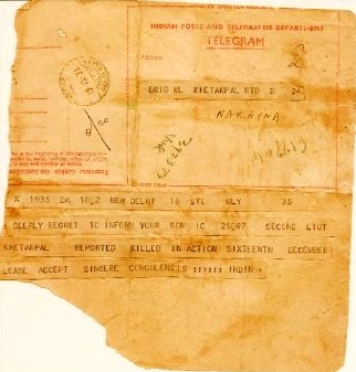 Official telegram that informed the family about Arun's martyrdom