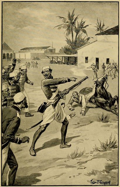 Representation of Mangal Pandey attacking a British lieutenant immediately before Shaikh Paltu's intercession