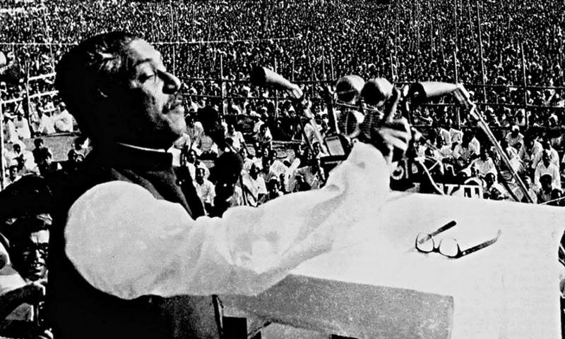 Sheikh Mujibur Rahman during his fiery speech on 7 March 1971 calling for independence