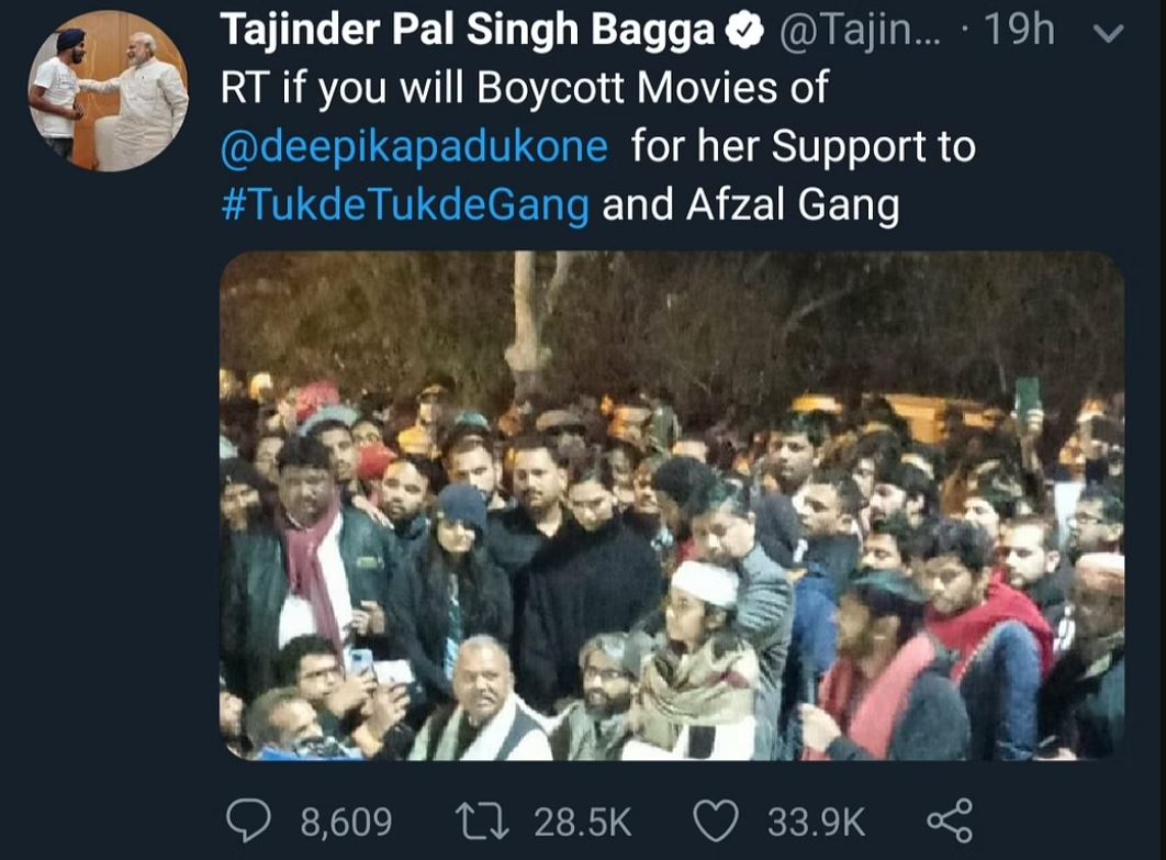 A snip of Tajinder Singh Bagga's tweet againist Deepika Padukone