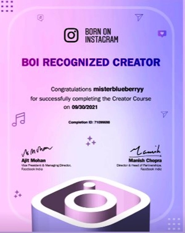 Born On Instagram Creators' Course completion certificate