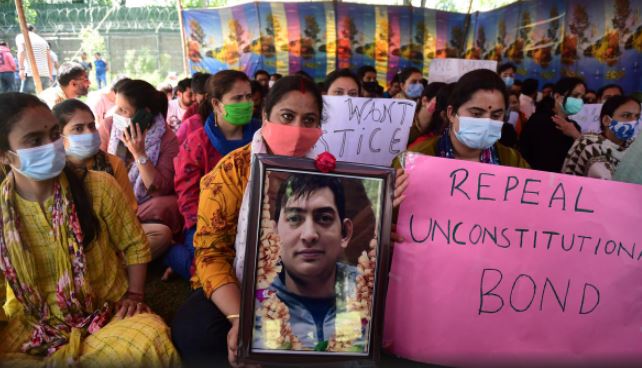 Kashmiri Pandits during a protest against the killing of Rahul Bhat