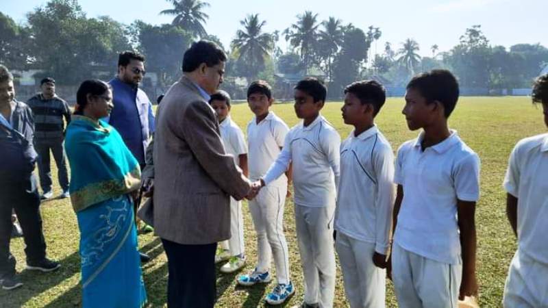 President of the Tripura Cricket Association Manik Saha congratulating U-14 cricket team