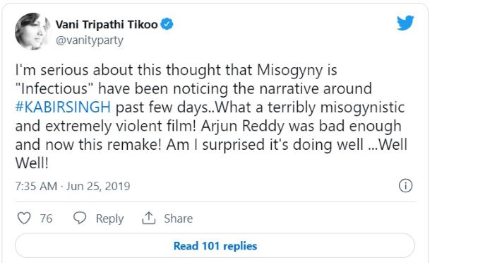 Vani Tripathi's Tweet for the film Kabir Singh in 2019  Vani Tripathi Height, Age, Husband, Children, Family, Biography &amp; More » CmaTrends Vani Tripathis Tweet for the film kabir Singh in 2019