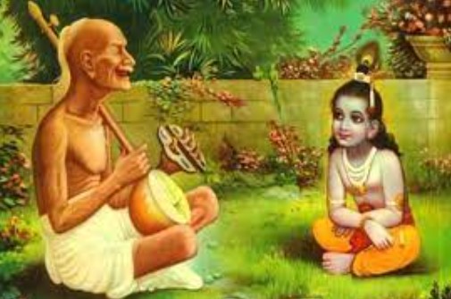A picture depicting Surdas singing and Lord Krishna listening to him
