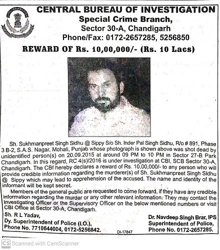 Reward poster for information about Sippy Sidhu's murderer 