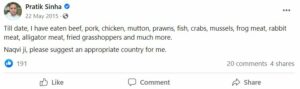 A snip of Pratik Sinha's Facebook post depicting that he is a non vegetarian