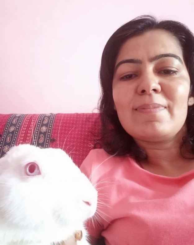 Anuradha Choudhary with her pet rabbit