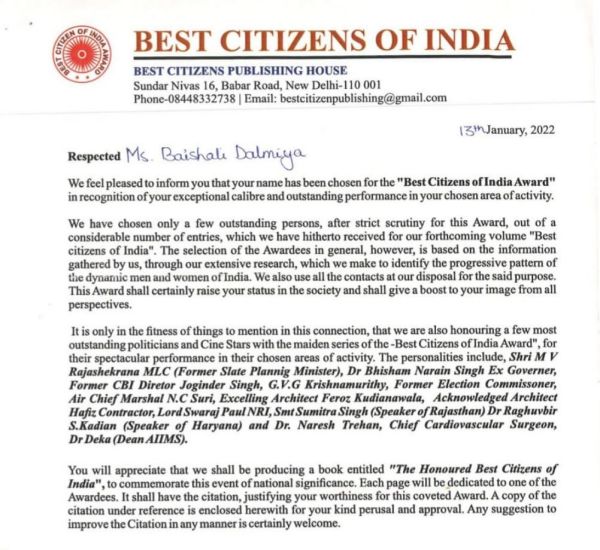 Best citizens of India award by Best Citizens Publishing House