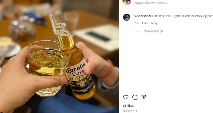 A Instagram post of Abhishek Ray while enjoying alcohol