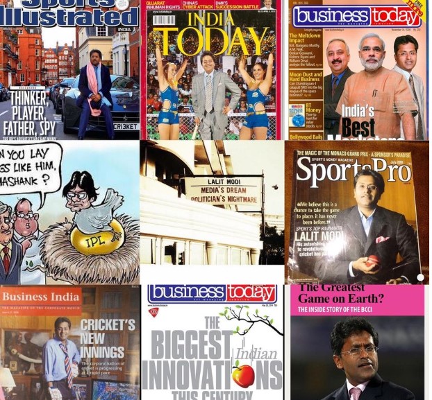 A collage of magazine cover pages on which Lalit Modi was often featured