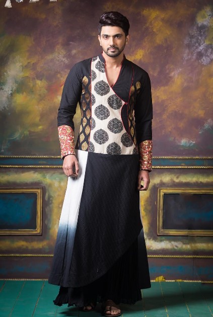 A renowned Indian model featuring Abhishek Ray's clothing collection