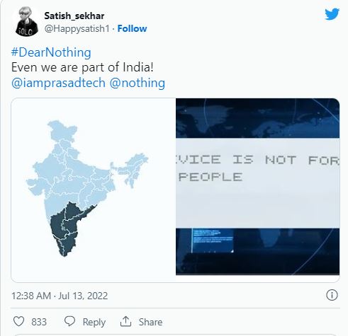 A tweet by Satish Sekhar for Nothing