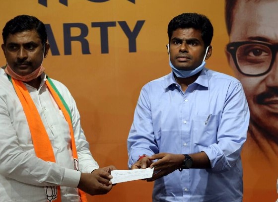 Former IPS officer K Annamalai when he joined the BJP at the party headquarters in Delhi