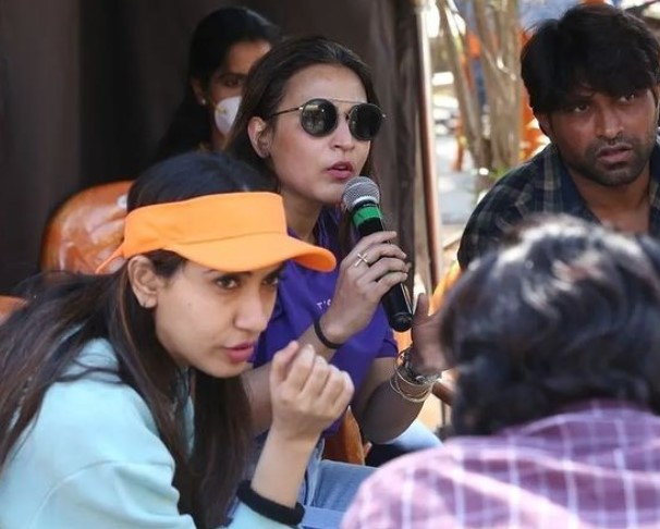 Prerna Arora (wearing a cap) on the sets of a film