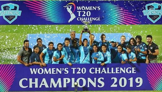 Radha Yadav with her IPL team after winning the Women's T20 Challenge 2019
