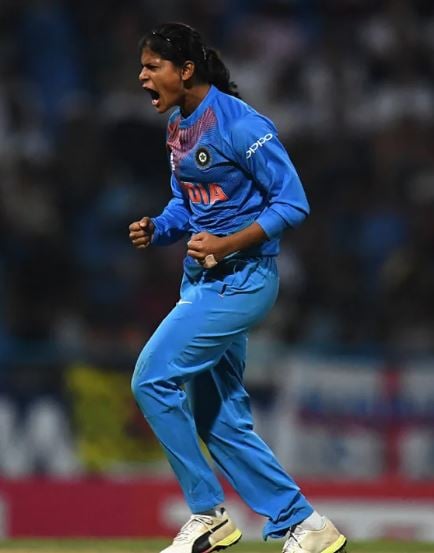 Radha yadav celebrating a wicket (taken by her)