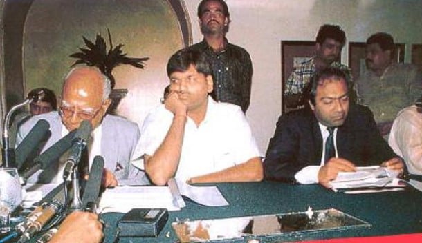 The June 1993 press conference addressed by Harshad Mehta, flanked by counsel Ram Jethmalani and Mahesh Jethmalani, which his wife, Jyoti, describes as the “fateful day” that “changed our lives forever”