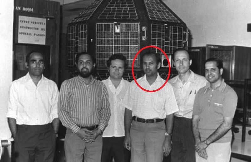Udupi Ramachandra Rao with Bhaskara satellite in the background