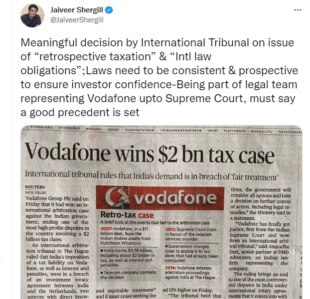 A Tweet by Jaiveer Shergill on the verdict by International Tribunal