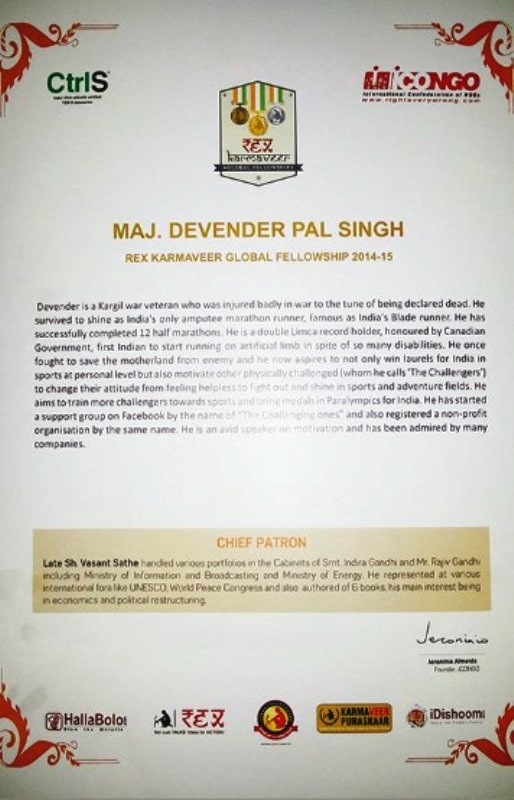 A fellowship certificate awarded to Major DP Singh