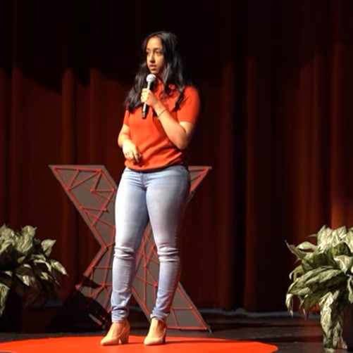 Aarya Walvekar while delivering a motivational speech at TEDx
