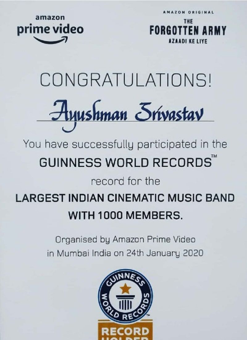 Aayushmaan Srivastava's Guinness world record certificate