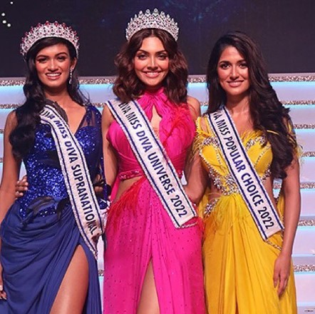 Divita Rai (middle) after winning the Miss DIva Universe title in August 2022