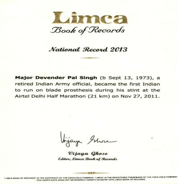 A certificate given by Limca Book of Records to Major DP Singh
