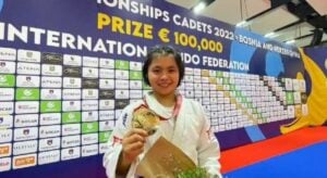 Linthoi Channambam poses with her gold medal at the World Cadet Judo Championships 2022 in Sarajevo, Bosnia