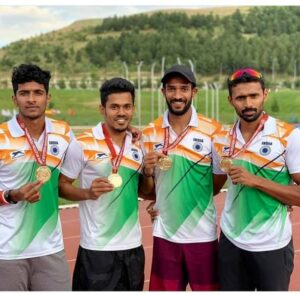 Noah Nirmal Tom (second from left) posing with his gold medal at 5th International Balkan Relay Cup 2019