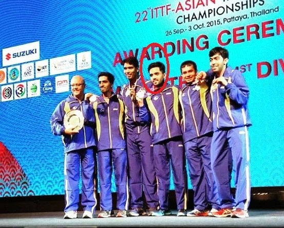 Sanil Shetty with his team after winning a gold medal at the 2015 Asian Table Tennis Championship
