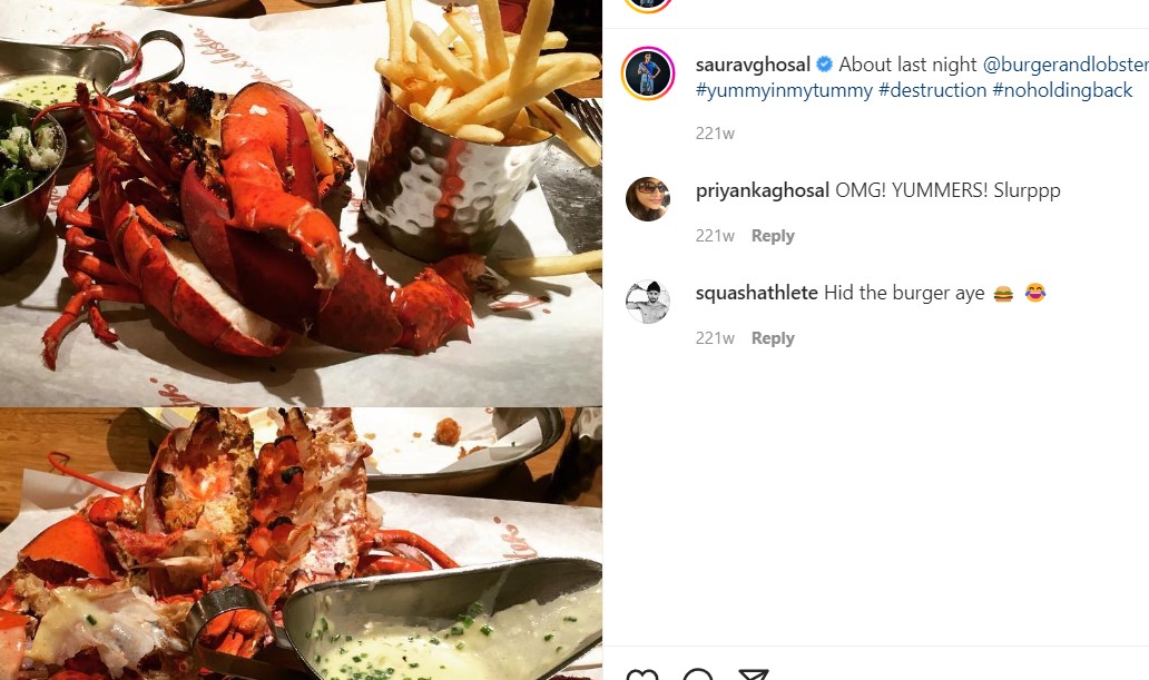 Saurav Ghosal featuring his food habit on social media