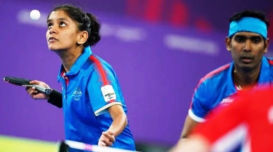 Sreeja Akula with Sharath Kamal during her match at the 2022 Commonwealth Games