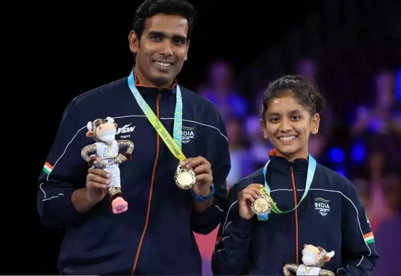 Sreeja Akula with Sharath Kamal after clinching a gold medal at the 2022 Commonwealth Games