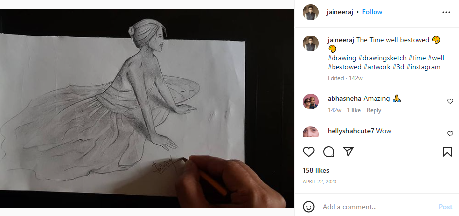 An Instaram post shared by Jaineeraj Rajpurohit in which he showcased an art sketched by him