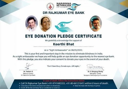 Keerthi Bhat's eye donation certificate