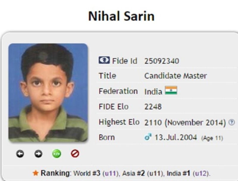 Nihal Sarin received Candidate Master (CM) by FIDE