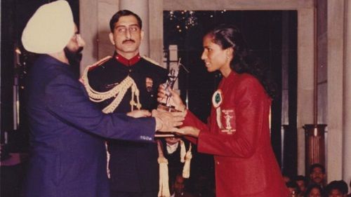 P. T. Usha being honoured with the Arjuna Award
