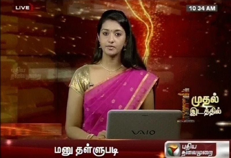 Priya Bhavani Shankar as a news presenter on the channel 'Puthiya Thalaimurai TV'