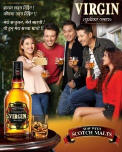 Puskar Karki (second from left) in an advertising poster for the liquor brand Virgin
