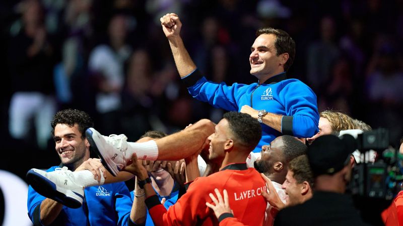 Roger Federer is hoisted after his last Tennis match at Laver Cup in September 2022