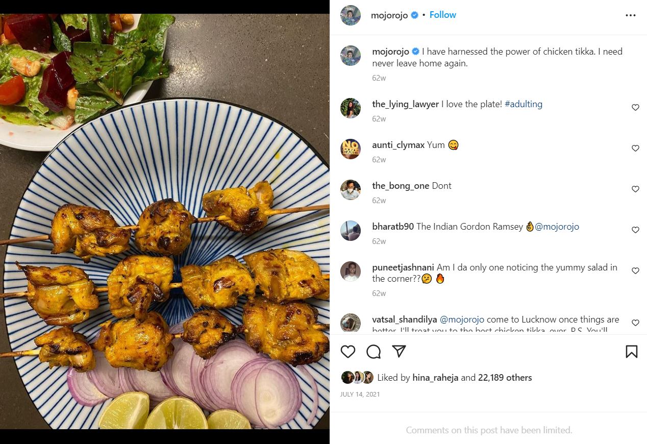 Rohan Joshi's Instagram post about chicken tikka