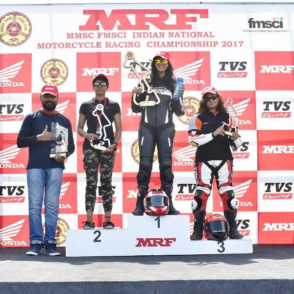 Aishwarya Pissay on the podium as she stood first at MRF MMSC FMSCI Indian National Motorcycle Racing Championship (2017)