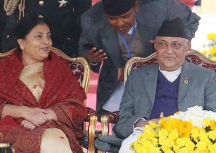 Bidya Devi Bhandari with KP Oli during a cabinet meeting
