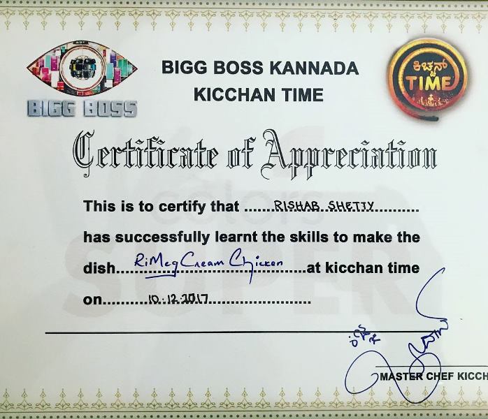 Certificate given to Rishab Shetty for learning to cook 'RiMeg Cream Chicken'